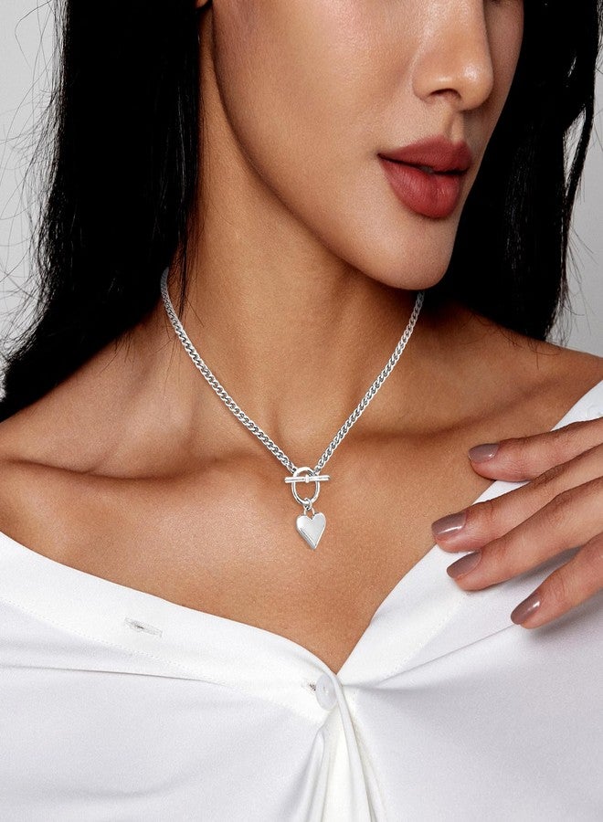 Zeffy Silver Chunky Puffy Heart Necklace Big Heart Chain Link Necklace Toggle Clasp Heart Charm Necklaces Birthday Christmas Gifts for Women Jewelry - Image 3